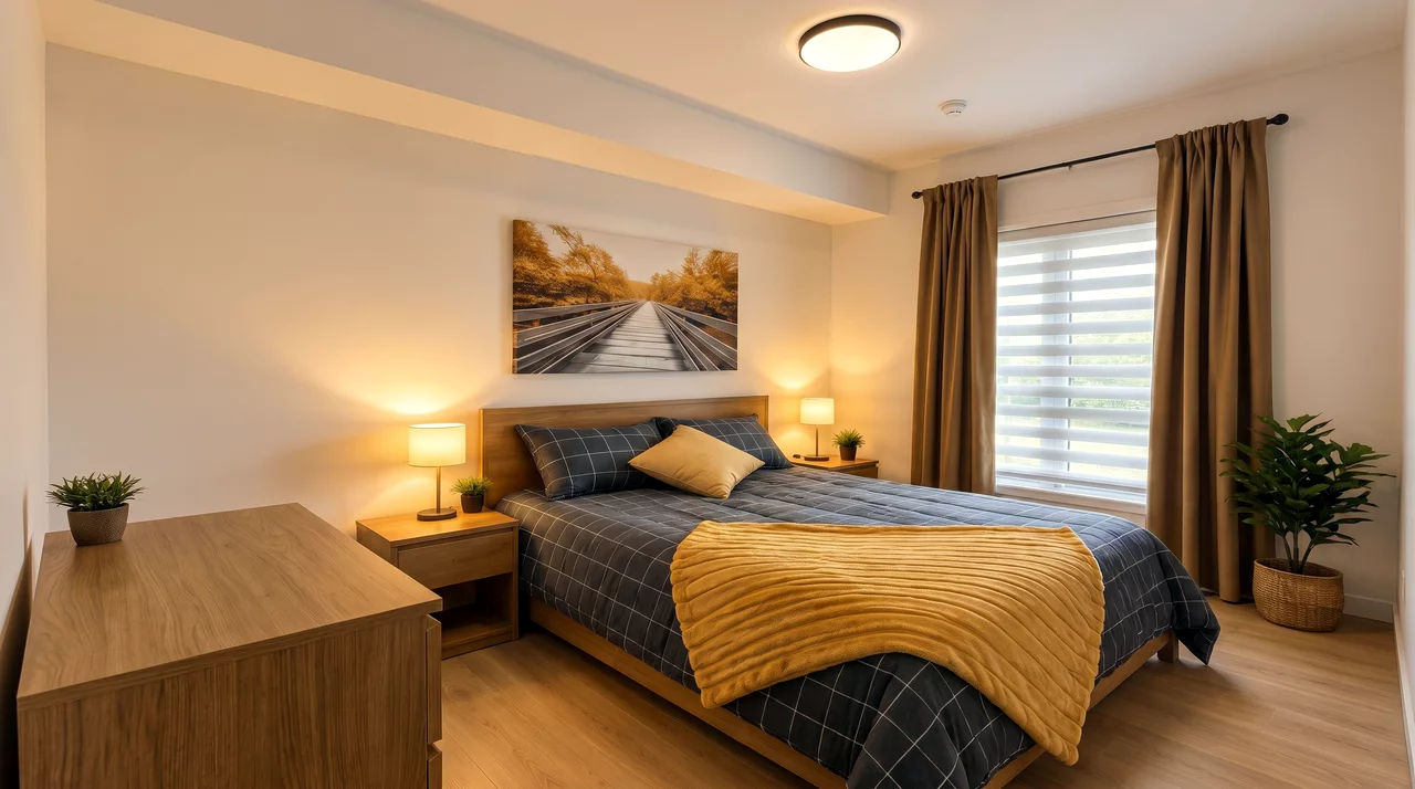 Deuxième chambre avec lit et grands rideaux