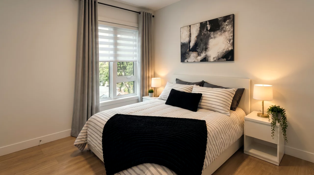 Chambre principale avec grand lit et lampes de chevet