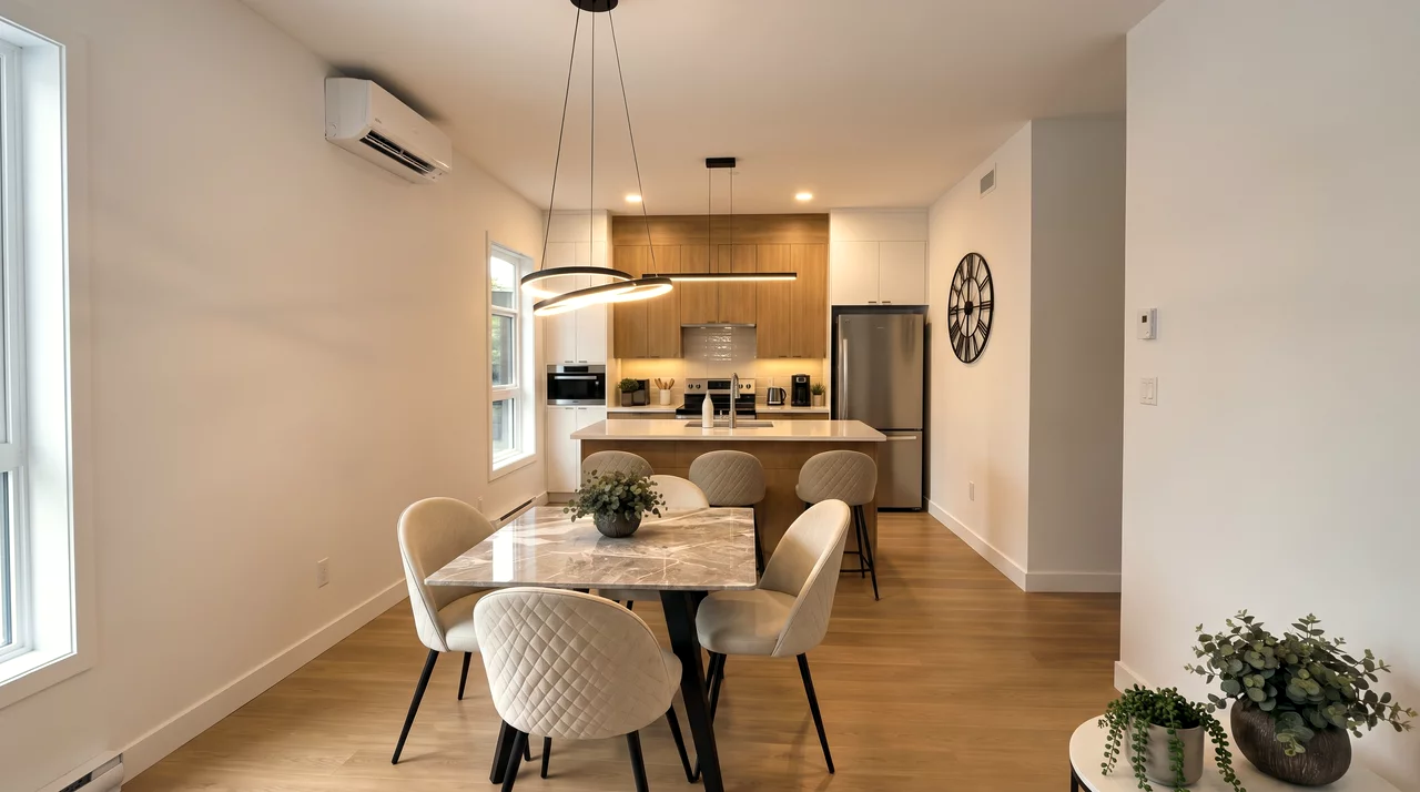 Salle à manger avec table de marbre, ouverte sur la cuisine