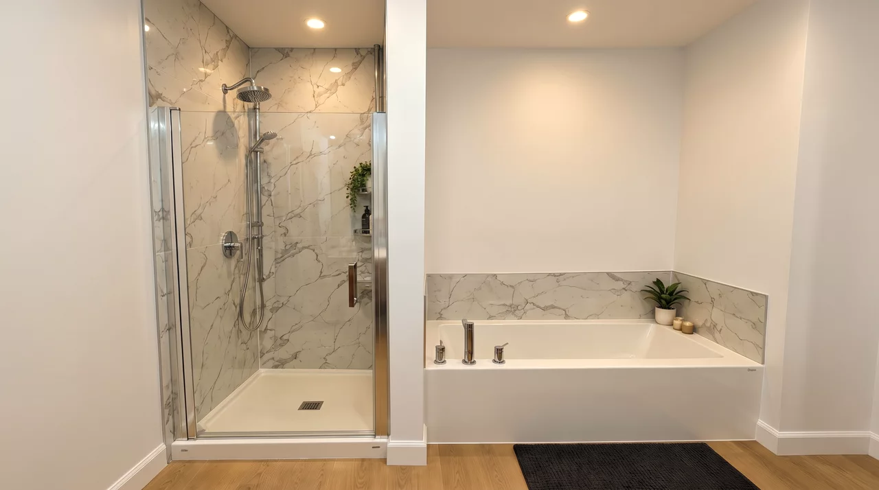 Salle de bain avec douche vitrée et baignoire