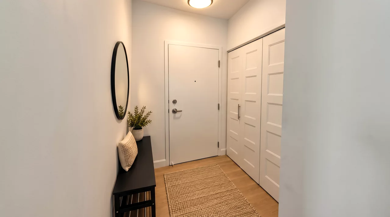 Vestibule avec banc, miroir rond et grand placard